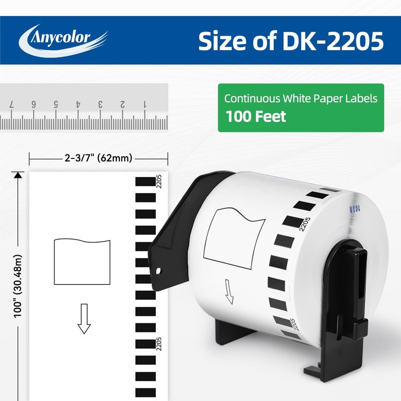 Anycolor DK-2205 Replace for Brother DK2205 (2.4 in x 100 ft) White Paper Label Maker Tape, Continuous Labels Use for Brother QL-800 QL-720NW QL-810W QL-820nwb Printer - 6 Rolls + 1 Frame - Image 2